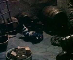 He burglar alarm catches him, ties him up and dumps him in the dungeon